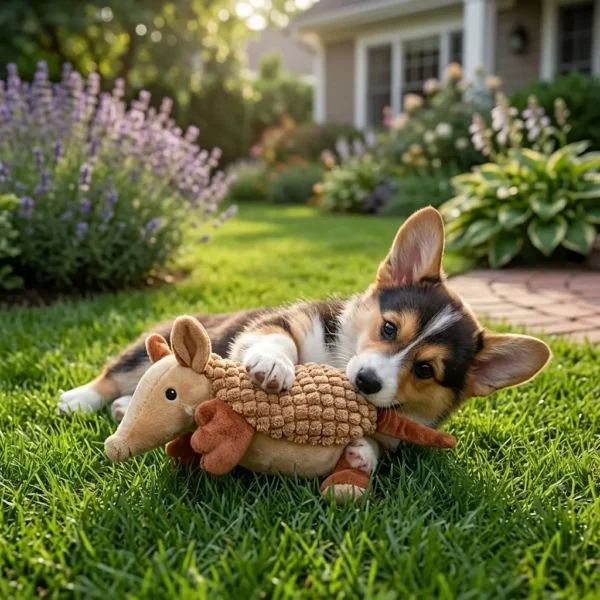 Plush armadillo squeaky toy for dogs