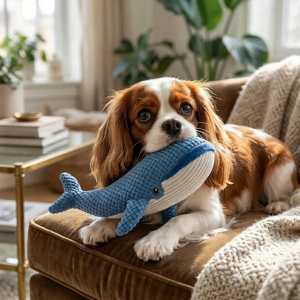 Interactive blue whale squeaky dog toy