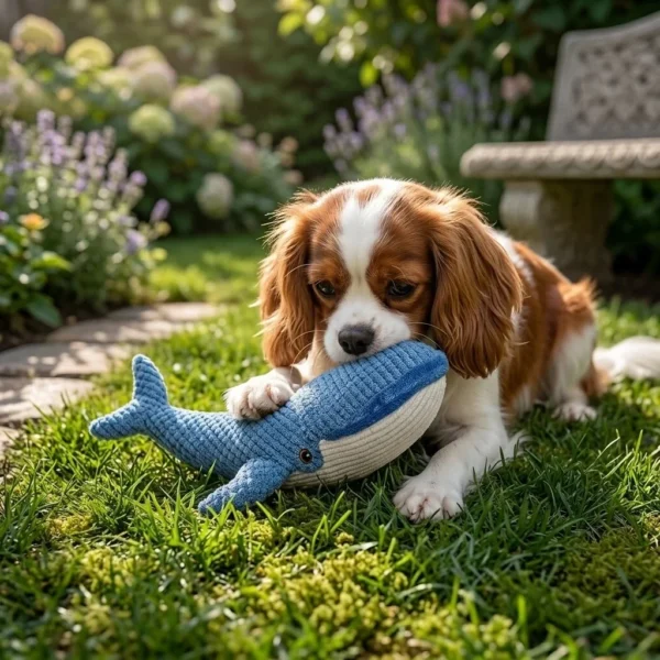 Blue whale plush chew toy for dogs