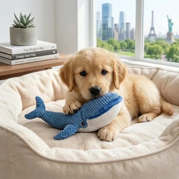 Blue whale squeaky plush dog toy