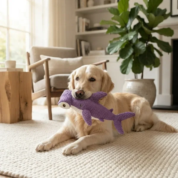 Interactive purple shark squeaky dog toy