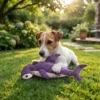 Purple shark plush chew toy for dogs